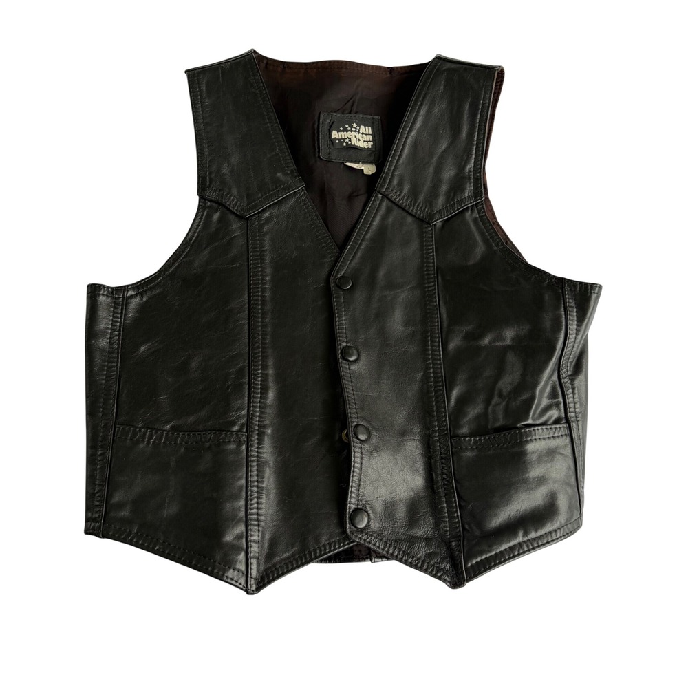 Vintage All American Rider Black Leather Biker Vest Men's Size L Distressed Moto